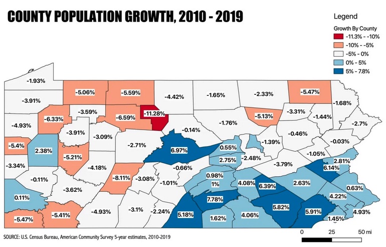 Change in PA population since the 2010 census